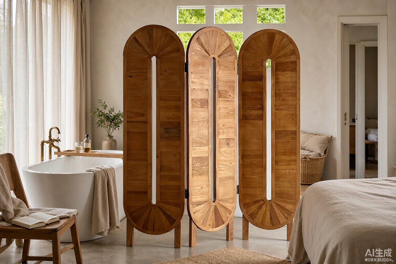 Water friendly teak bathroom divider ovals with slot detailing beside a freestanding bathtub in an ensuite