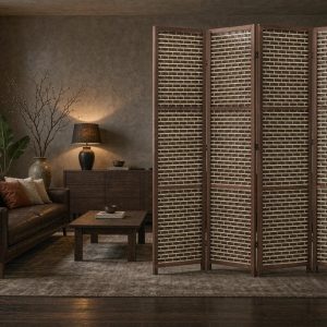 Cream and walnut bands of a woven room divider against smoke grey plaster and cognac leather in a living room