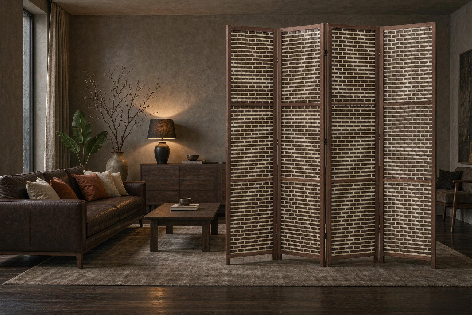 Cream and walnut bands of a woven room divider against smoke grey plaster and cognac leather in a living room