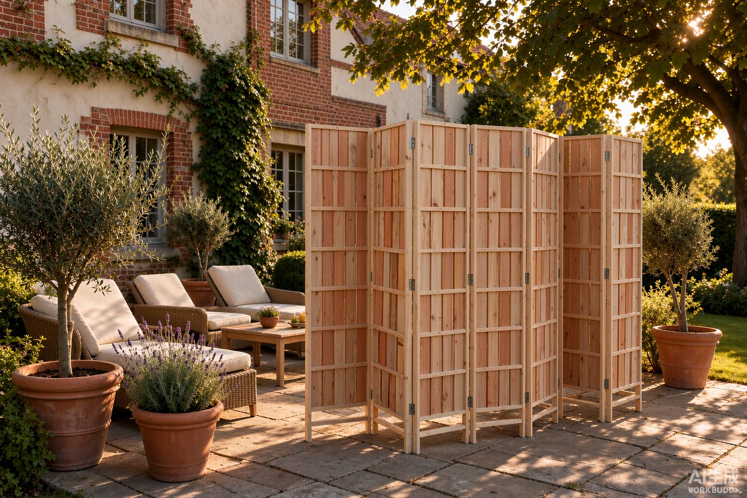 Slatted timber folding screen on a stone courtyard beside terracotta pots at golden hour