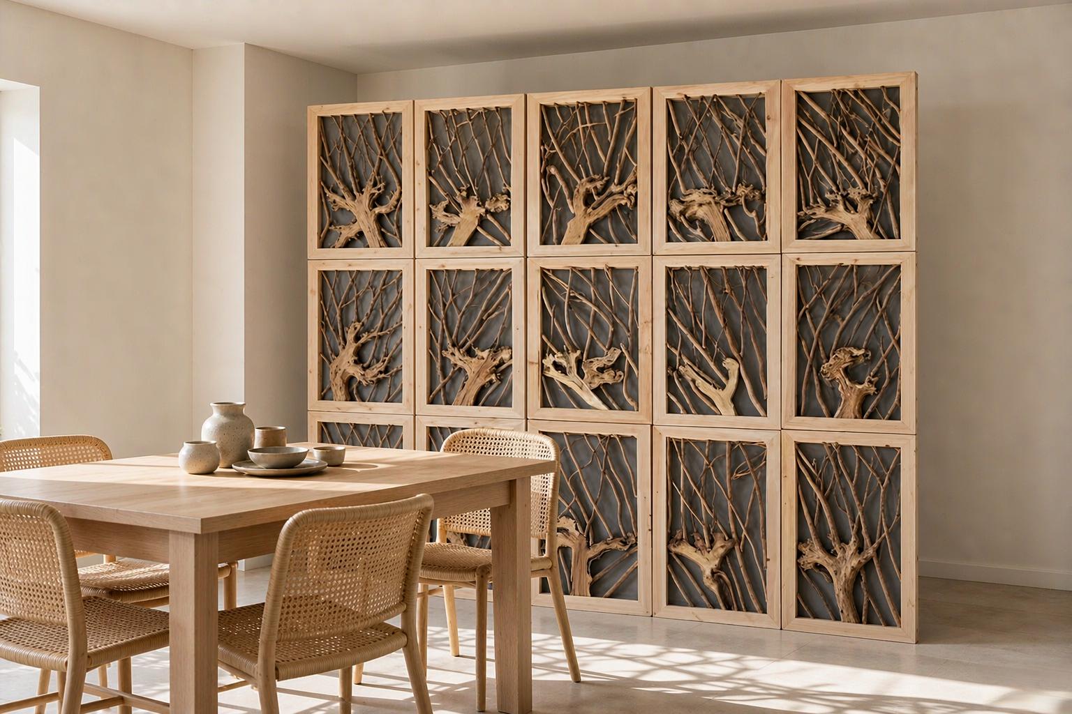 Fifteen framed twig panels in three rows forming a floor to ceiling organic room divider