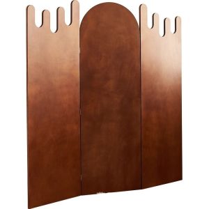 Arched walnut folding screen silhouette with dripping wave cutouts, photographed on a clean studio background