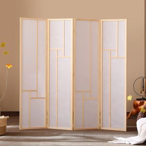 Rich brown mullions over warm white linen shoji screen panels, shot straight on for marketplace listings