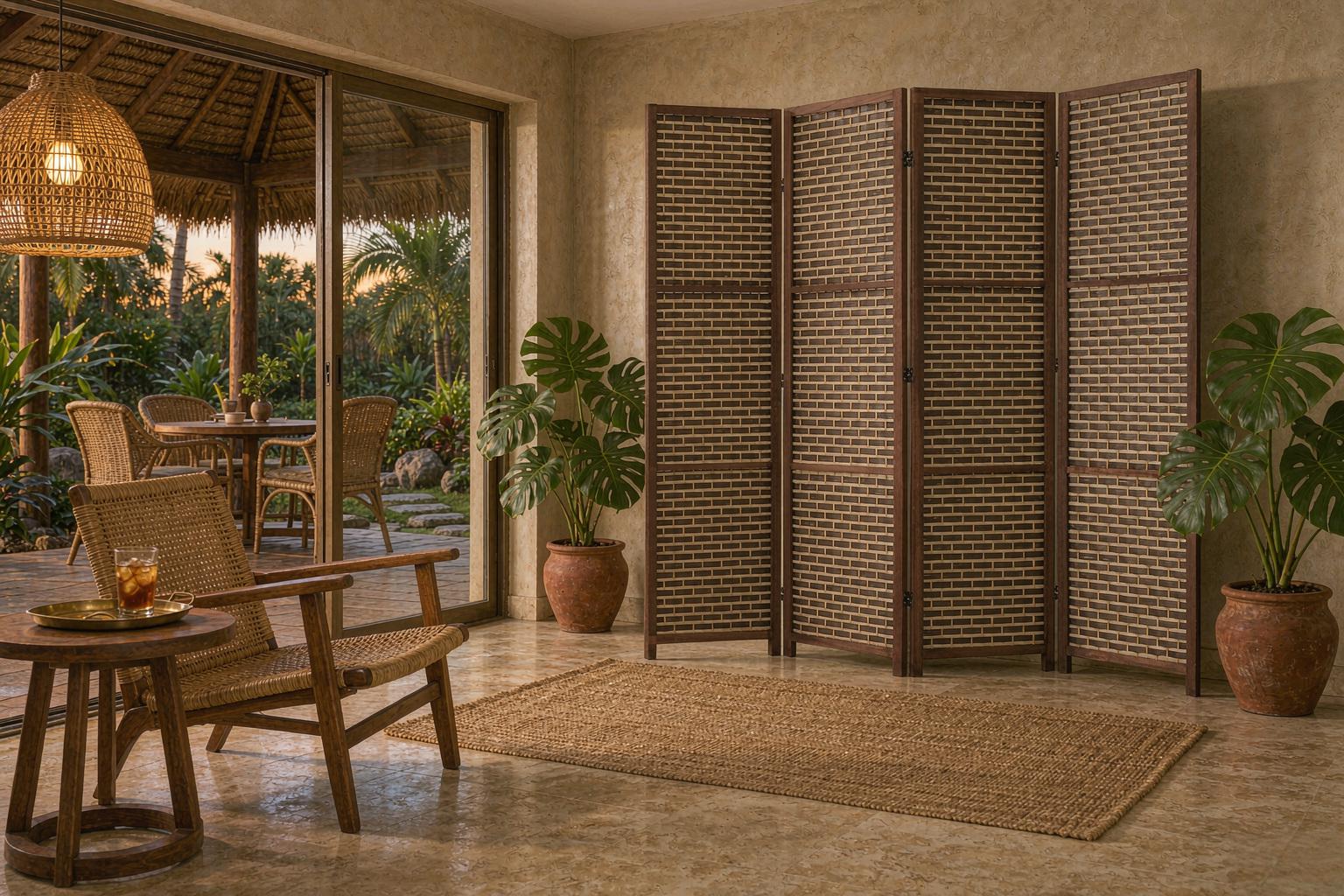 Breathable brick weave patio divider in a walnut frame opening onto a palm garden in a tropical villa