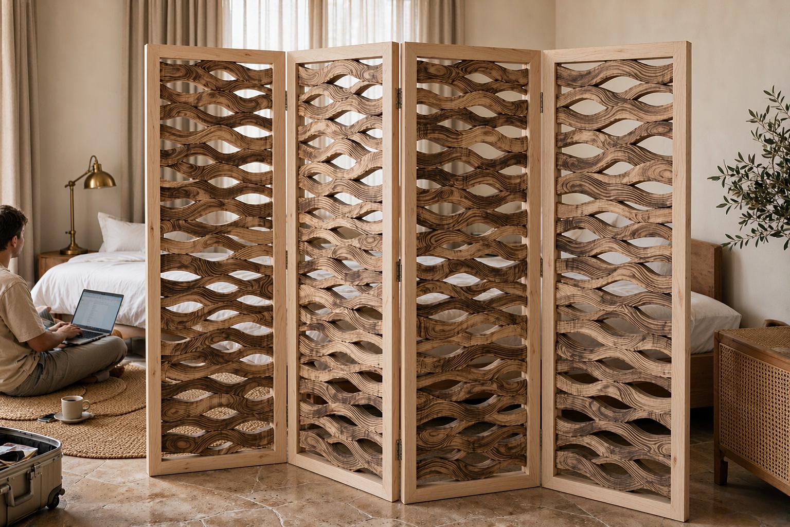 Flowing wave carved screen slats in dark grain timber shielding a bedroom desk corner