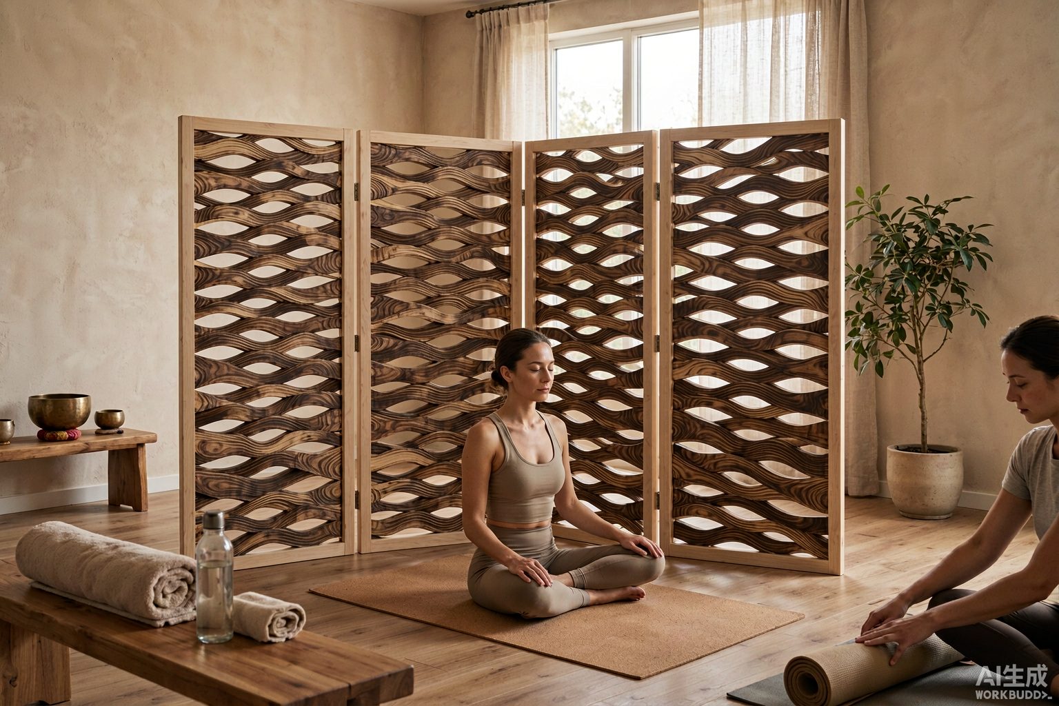 Rippled carved screen slats standing behind a yoga practitioner in a warm minimalist studio