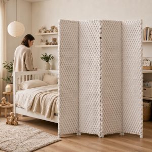 White popcorn weave room divider standing between toy boxes and the sofa zone in a family lounge