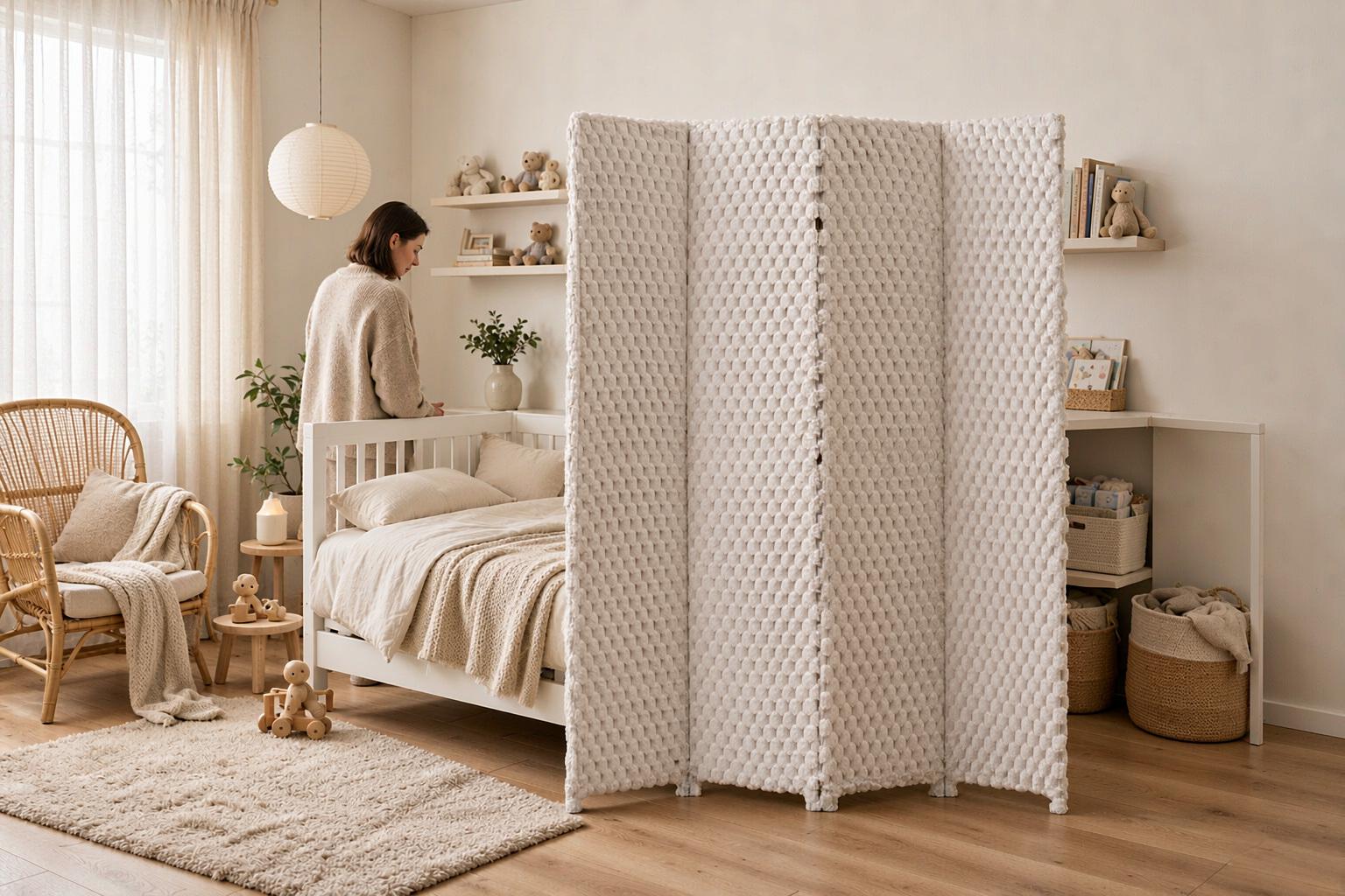 White popcorn weave room divider standing between toy boxes and the sofa zone in a family lounge