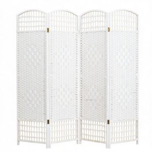 White woven willow room divider with an arched top, honeycomb lattice bands and four folding panels on white