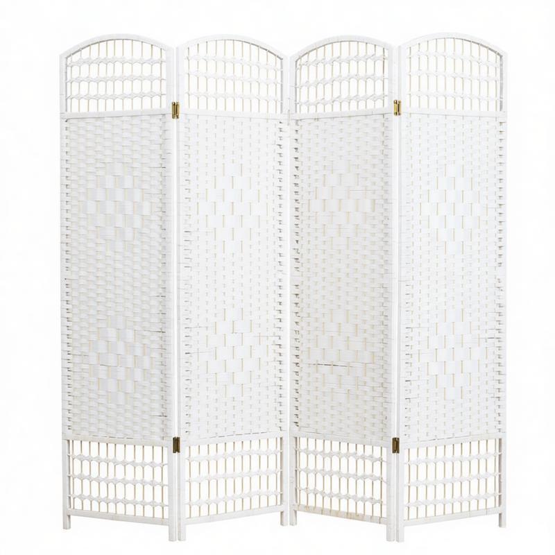 White woven willow room divider with an arched top, honeycomb lattice bands and four folding panels on white