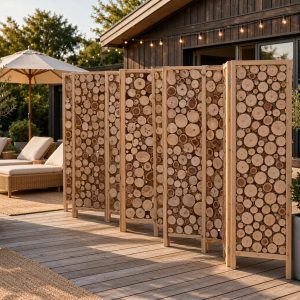 Eight curved privacy screen panels inlaid with cross cut log rounds on a timber deck beside a lake