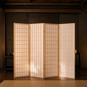 Wood shoji screen lit by paper lanterns in a dark tea room with a tatami floor and low ceiling at night