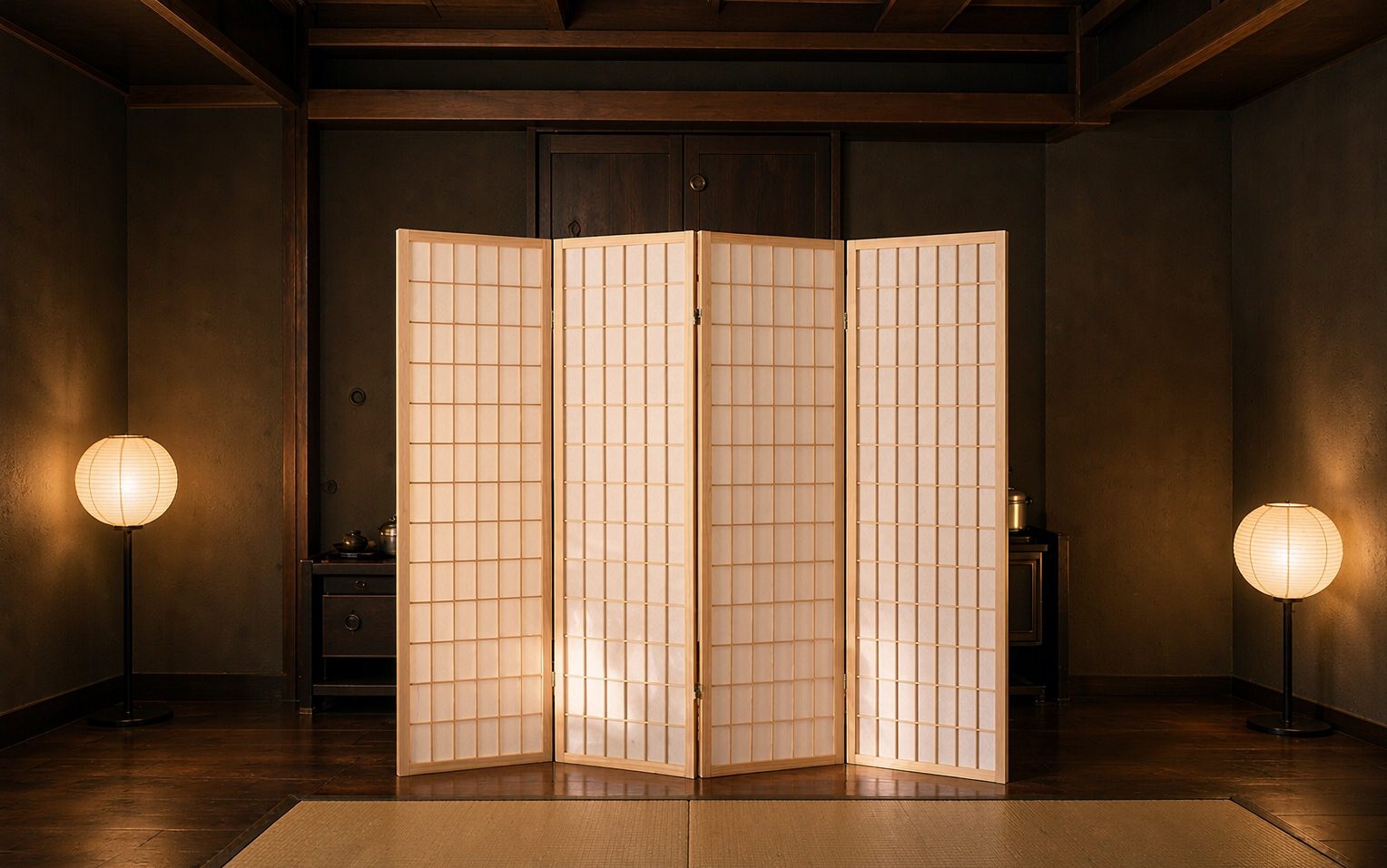 Wood shoji screen lit by paper lanterns in a dark tea room with a tatami floor and low ceiling at night