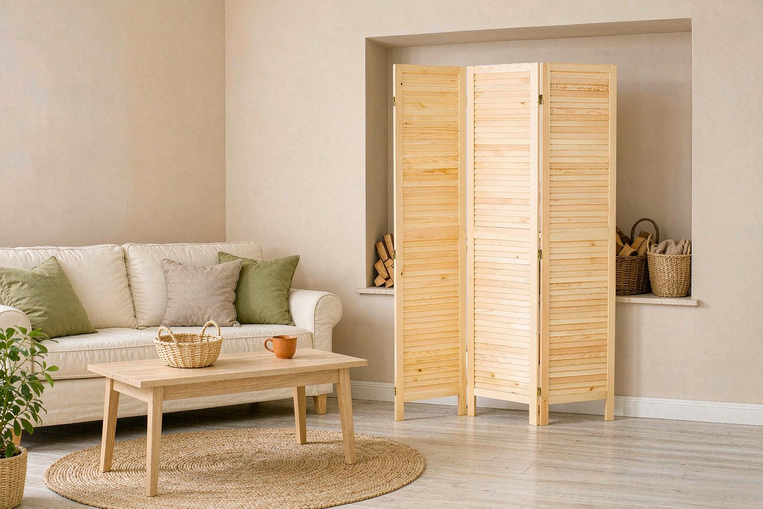 Three louvered screen panels masking firewood storage in a living room alcove beside a sofa