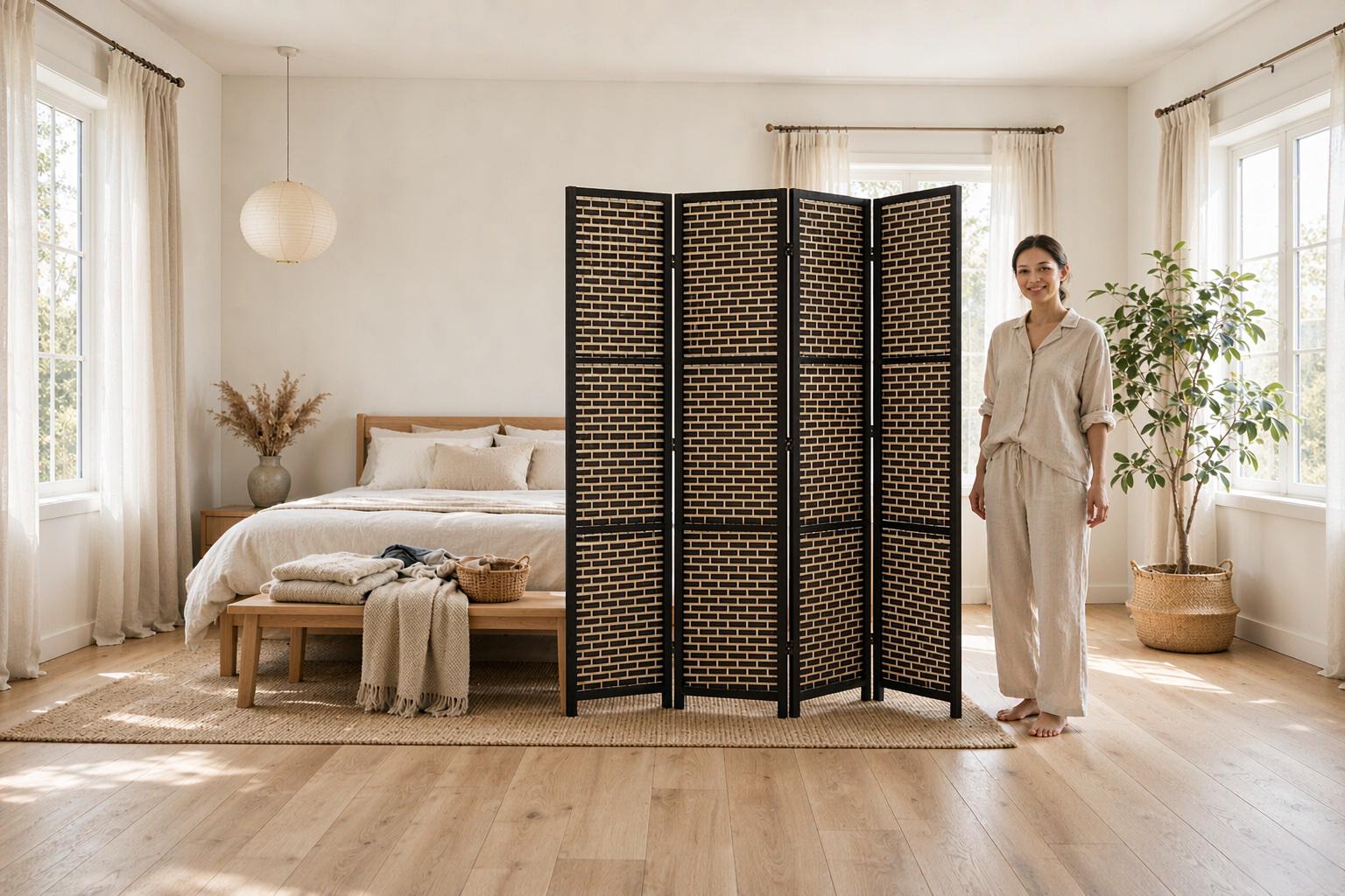 Brick pattern woven screen in a black frame dividing a bright bedroom with soft textiles
