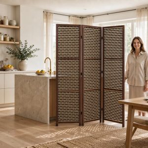 Brick weave infill screening a kitchen island from the dining table in an open plan home