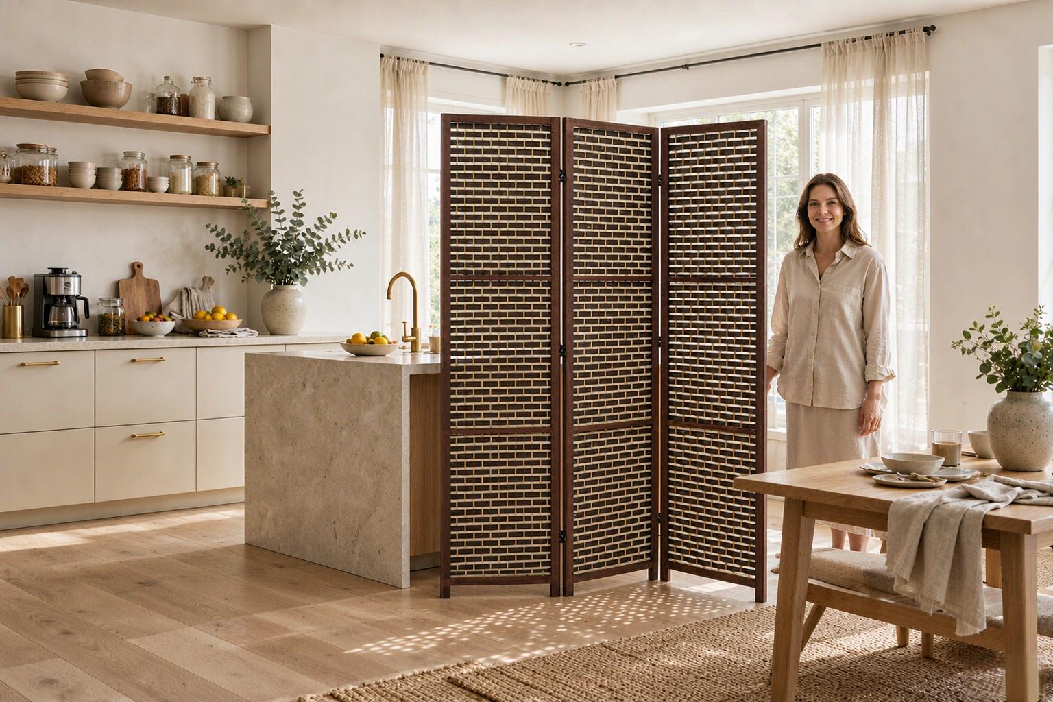 Brick weave infill screening a kitchen island from the dining table in an open plan home