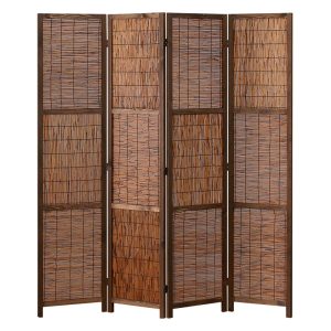 Four panel woven reed room divider with a dark wood frame and three woven grass sections per panel, on white