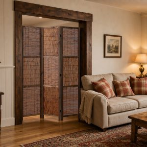 Woven reed room divider set into a rustic timber doorway in a country living room with a linen sofa and rug