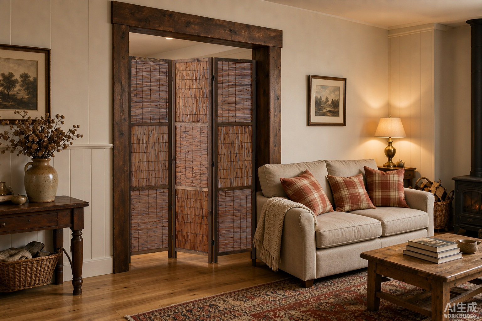 Woven reed room divider set into a rustic timber doorway in a country living room with a linen sofa and rug